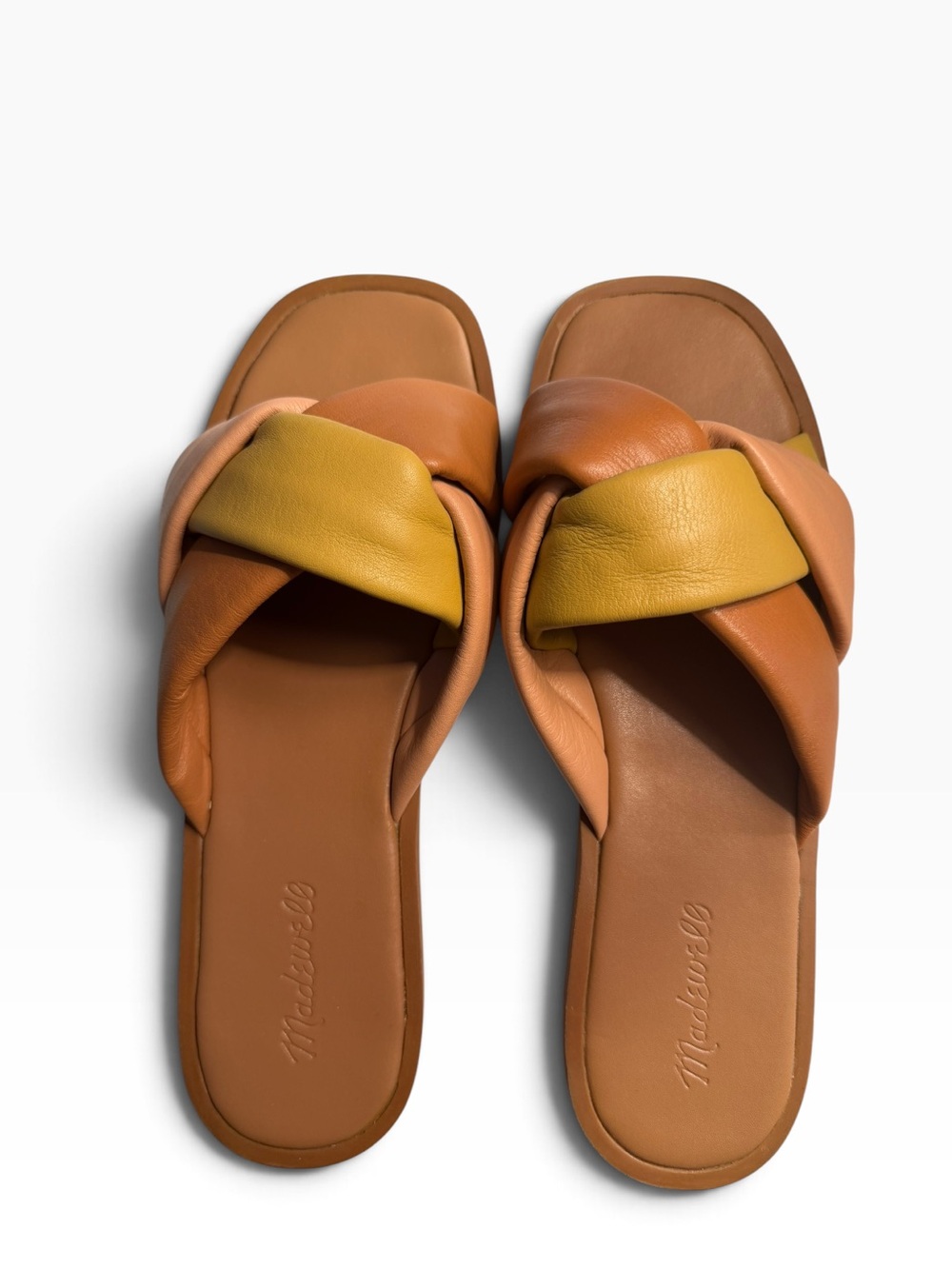 Madewell Two-Tone Tan, Pink & Mustard Knotted Slide Sandals size 8.5